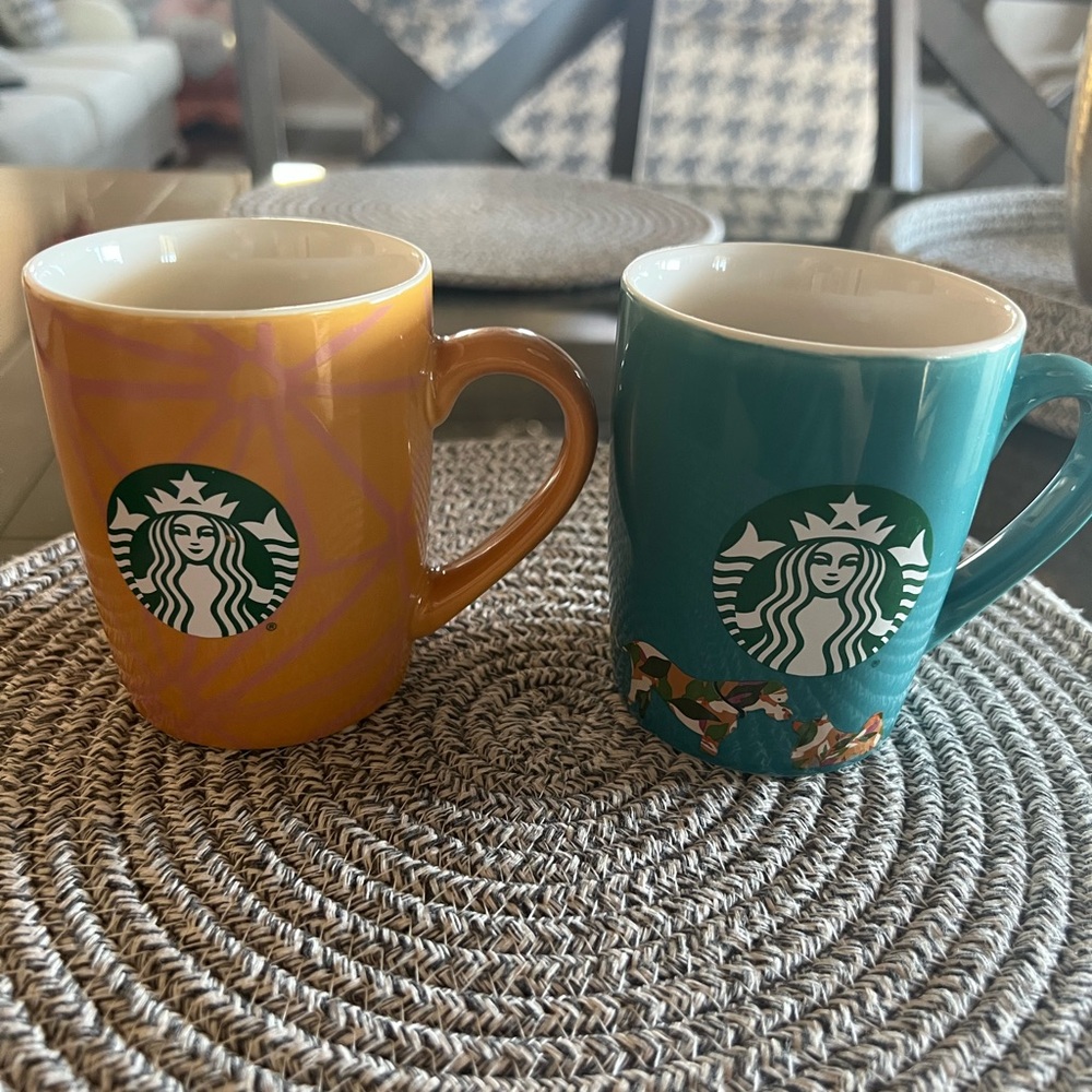 Starbucks Vibrant Ceramic Mugs Orange and Blue